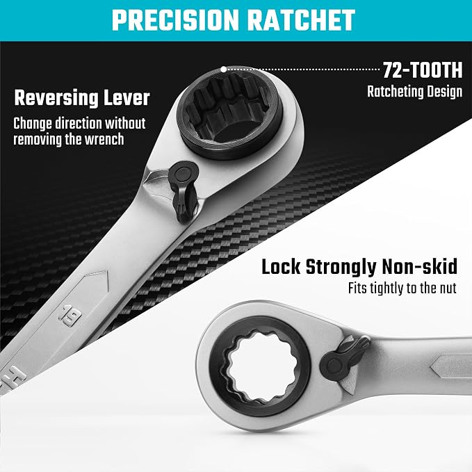 DURATECH 4-in-1 Reversible Ratcheting Box Wrench Set, Metric, 2-Piece | Double Box End, 8mm, 10mm, 12mm, 13mm & 14mm, 15mm, 17mm, 19mm, CR-V Steel, Matte Chrome Plated, Rolling Pouch