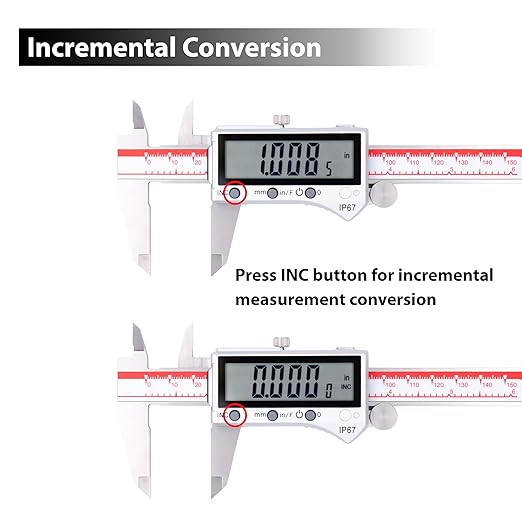 VINCA IP67 Grade Bluetooth Digital Caliper, DIPA-0605B 0-6 Inch/150mm, Inch/Millimeter/Fraction Conversion, Stainless Steel, Large LCD Screen