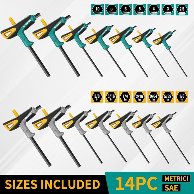 GRENPRO 14PC T-Handle Long Arm Allen Wrenches Sets Metric &SAE Box Hex Key | Long Allen Key Set With Storage Rack For Garage & Household DIY & Bike Repair Multifunctional Tools,Cr-V Steel