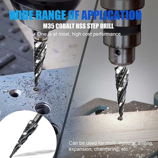 M35 Four Spiral Flute Step Drill Bit Set 1/8"-1/2" （13 Sizes ）,1/4" Hex Shank Drill, Impact Resistant M35 HSS Unibit Step Drill bit for Stainless Steel, Wood, Aluminum, Plastic