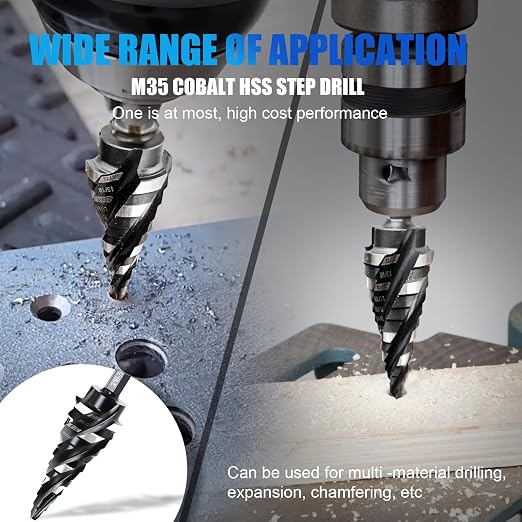 M35 Four Spiral Flute Step Drill Bit Set 3/16" - 7/8" （12 Sizes ）, 1/4" Hex Shank Drill, Impact Resistant M35 HSS Unibit Step Drill bit, for Stainless Steel, Wood, Aluminum, Plastic, Great for DIYers