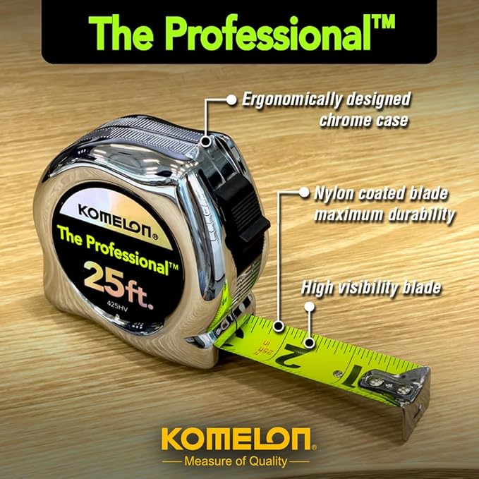 Komelon 425HV High-Visibility Professional Tape Measure, 25-Feet by 1-Inch, Chrome