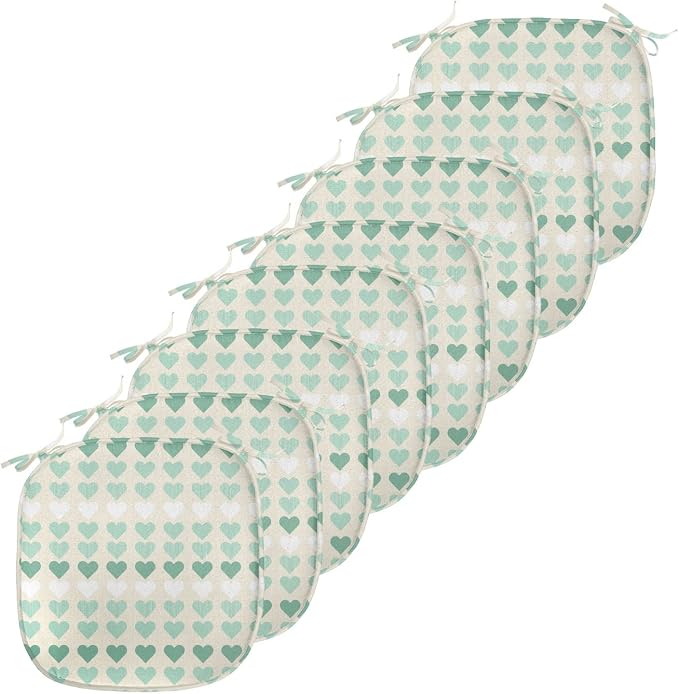 Lunarable Aquamarine Chair Seating Cushion Set of 8, Romantic Pattern with Heart Shapes in Rows, Anti-Slip Seat Padding for Kitchen & Patio, 16"x16", Champagne Laurel Green