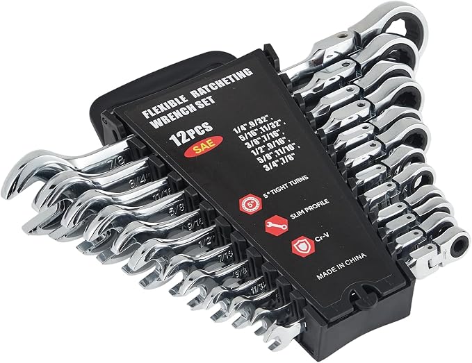Garvee 12 Piece SAE Ratcheting Wrench Set Combination Ratcheting Wrench Set | 72-Tooth 5° Swing Arc 40Cr Steel, SAE 1/4" to 7/8" Coverage for Automotive Repair, Mechanical Maintenance & DIY Projects
