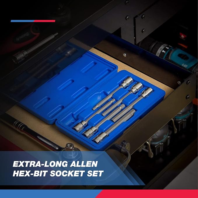 Neiko 10076A 3/8-Inch Drive Extra Long Allen Hex Bit Socket Set, Metric, 3 mm - 10 mm | S2 and Cr-V Steel, 7-Piece Set