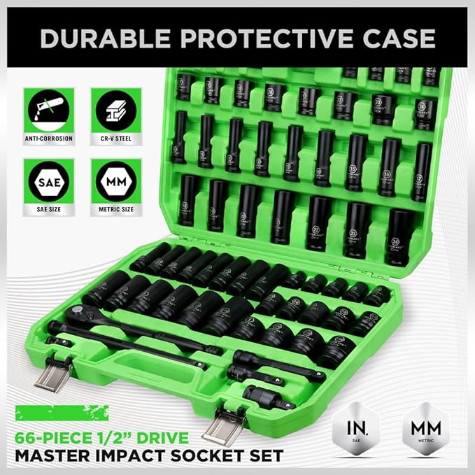 SWANLAKE 1/2" Drive Impact Socket Set, 66-Piece Standard SAE (3/8"-1-1/4") and Metric (8-24mm) Size, 6 Point, Cr-V, 1/2-Inch Drive Ratchet Handle, Extension Bar, Impact Universal Joint