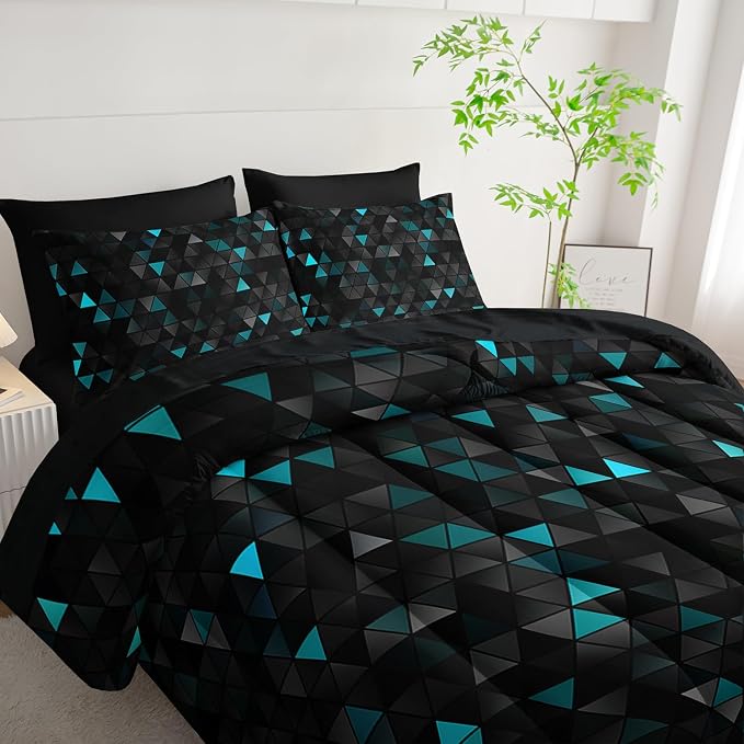 Nttopship Geometric Turquoise Black Triangle King Comforter Set, Light Honeycomb Bedding Set 7 Piece in A Bag,Bed Sheet Set Geometry Decor,Microfiber Lightweight All Season