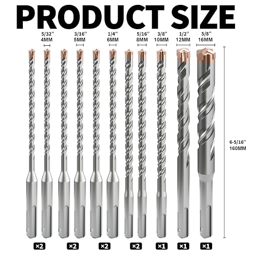 11PCS SDS Plus Rotary Hammer Drill Bits, 11PCS(5/32" to 5/8" ×6-5/16") - 4 Carbide Cutting Edges, Ideal for Masonry| Heavy-Duty Masonry |Hammer Drill Bits for Precision Drilling