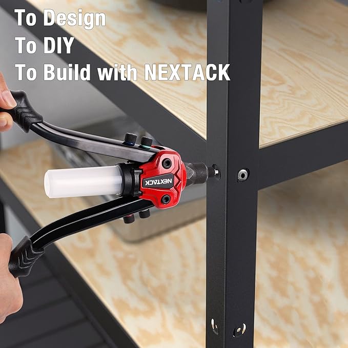 NEXTACK Rivet Gun Kit with 350 Blind Rivets, Heavy Duty Two-Handed 1/4” Pop Rivet Gun Set (NT300), 5 Nosepieces, Built-in Shaft Catcher for Van, Gutter & Automotive