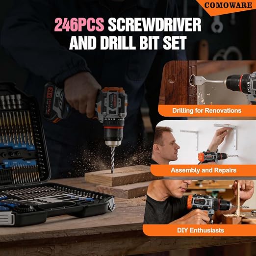 COMOWARE 246 Pcs Drill Bit Set for Cordless Drill, Drill Driver Bit Set for Wood, Metal, Masonry, Cement and Screwdriver Bits Set Combo Kit, Pink Case