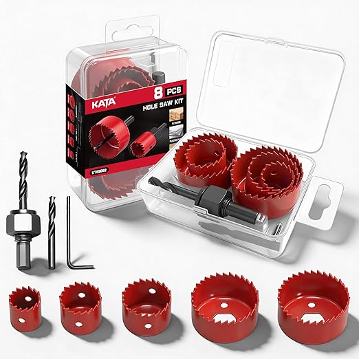 KATA 8PCS Hole Saw Kit 1" to 2-1/8"(25-54mm) Hole Saw Set in Case with 1PC Mandrels, 2PC Drill Bits and 1PC Hex Key for Soft Wood, PVC Board, Plywood, Red