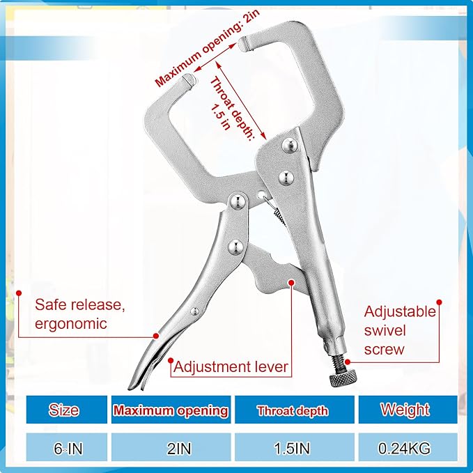 Yexiya 10 Pcs 6 Inch Locking C Clamp Original Lock Regular Tips Plain adjustable Alloy Steel Locking C Clamp for Woodworking Carpentry Welding Electrical Equipment, Silver