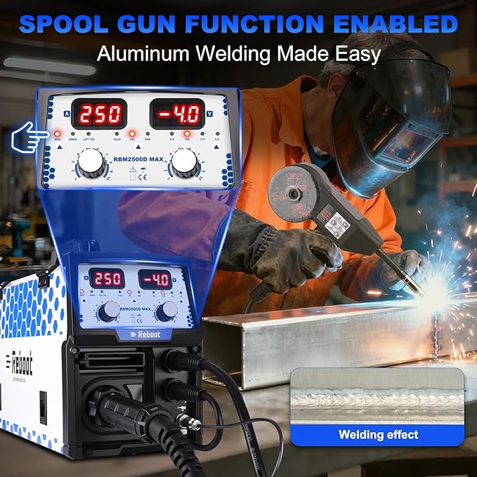 Reboot RBM2500D MAX 250A 5-in-1 MIG Welder, Premium Build, Spool Gun Compatible for Aluminum, Lift TIG, MIG Gas/Gasless, Stick, 120V/240V Dual Voltage Multiprocess Welding Machine