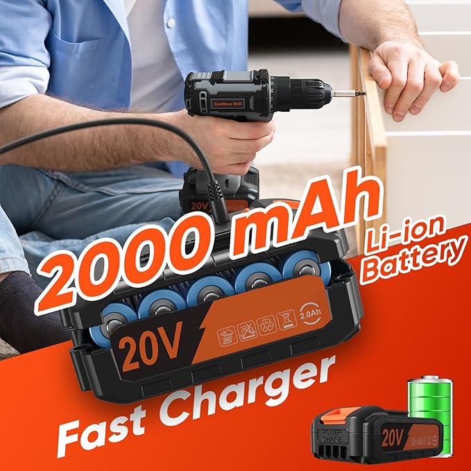 Cordless Drill Set, VIWKO 20V Power Drill with Power Pack 2.0Ah and Charger, 3/8-Inch Keyless Chuck Electric drill, 25+1 Position, 42pcs Drilldriver Bits/Screws for DIY Projects (Black Grey)