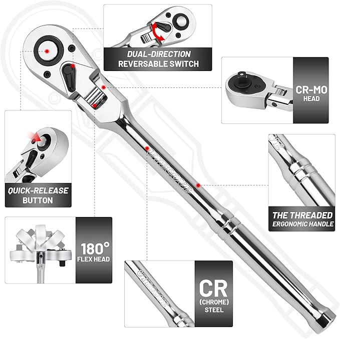 1/2 3/8 1/4 Inch Drive Ratchet Set 3Pcs Flex Head Ratchet Set | 72 Tooth Quick Release Flexible Swivel Head Socket Ratchet Wrench Set