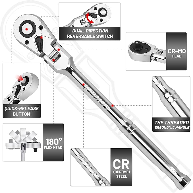 1/2 3/8 1/4 Inch Drive Ratchet Set 4Pcs Flex Head Ratchet Set | 72 Tooth Quick Release Flexible Swivel Head Socket Ratchet Wrench Set