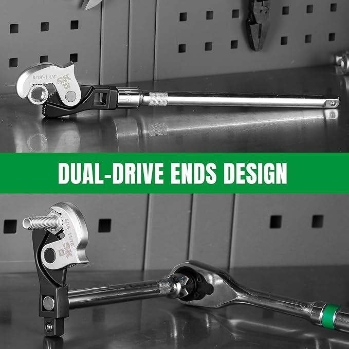 SK 3-Piece Adjustable Crows Foot Wrench Set, 1/4" & 3/8" & 1/2" Drive | Crowfoot Wrenches, Dual-Drive Ends Design, Spring Loaded Jaw with Serrated Teeth, 3/16" to 1-1/4", Premium CR-V Steel