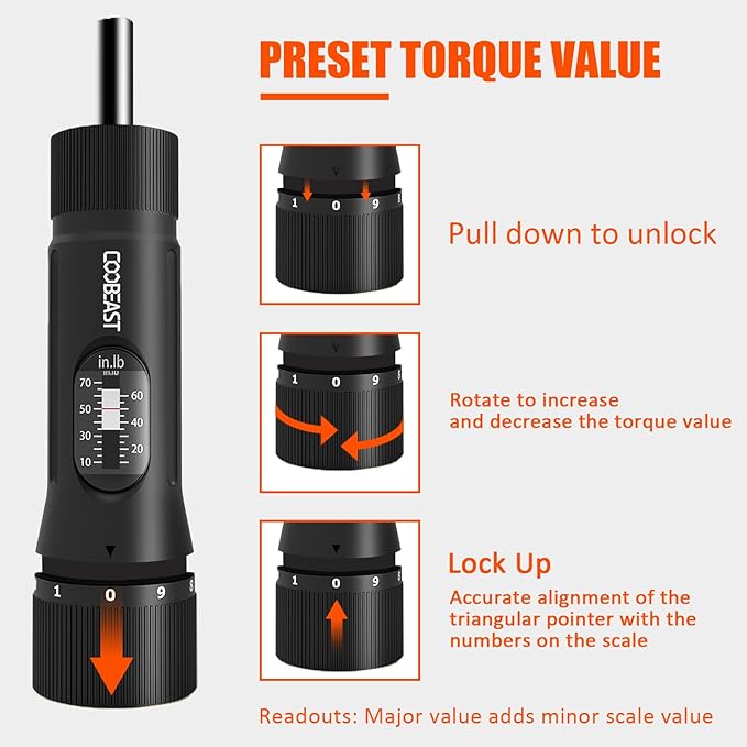 coobeast 49 Pcs Torque Screwdriver 10-70 Inch Pound Torque Screwdriver Set with S2 Bits & Sockets, 1/4” Drive Torque Wrench Screwdriver Set for Maintenance, Tools, Bike Repairing and Mounting