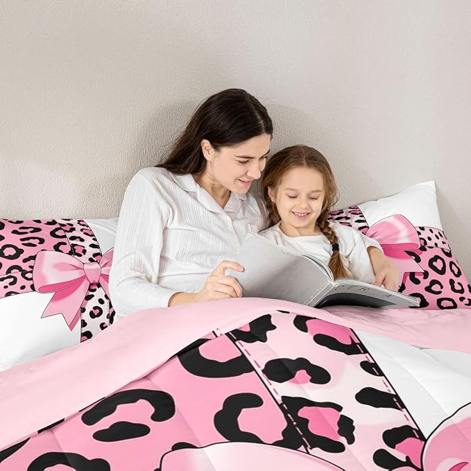 Feelyou Leopard Print Comforter Set Queen Size Leopard Bow Bedding Set for Kids Boys Girls Animal Fur Duvet Quilt Bedroom Decor Microfiber 3 Pcs with 2 Pillow Cases