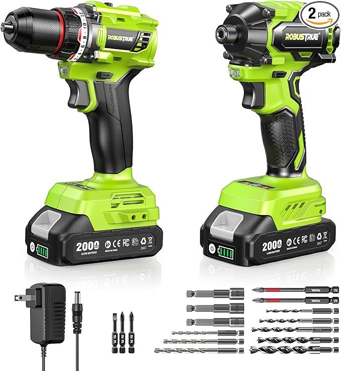 Robustrue 21V Cordless Drill & Impact Driver Combo Kit, 3/8" Drill & 1/4" Impact Driver, 2×2000mAh Batteries, Fast Charger, 16-Piece Bit Set for DIY Projects, Furniture Assembly & Home Repairs