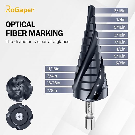 M35 Four Spiral Flute Cobalt Step Drill Bit, 3/16"-7/8" Wear-Resistant TiAlN Coated Four-Flute Step Bit, 1/4" Hex Shank Unibit Step Bit for Metal, Stainless Steel, Aluminum, Wood, Plastic