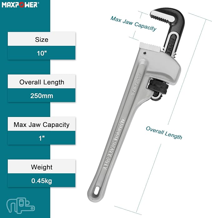 MAXPOWER 10 inch Straight Pipe Wrench, 1 inch Jaw Capacity | 40% Lighter Aluminum Adjustable Plumbing Wrench, Cr-Mo Jaw, Drop Forged