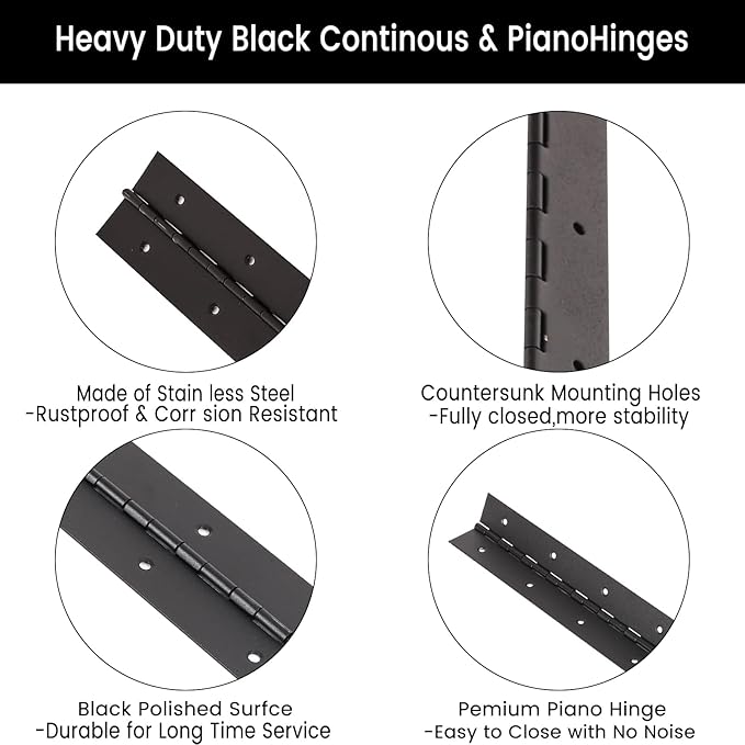2PCS Black 6-Inch Heavy Duty Piano Hinge,2" Open Width Stainless Steel Continuous Hinges, Includes Pre-Drilled Holes and Screws, Ideal for Piano Cabinets ane Wooden Box.