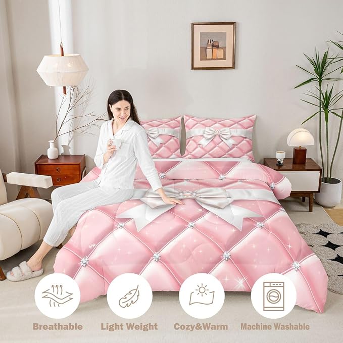 Feelyou Bow Comforter Set Queen Size Glitter Bowknot Bedding Set for Kids Boys Girls Princess Duvet Quilt Bedroom Decor Microfiber 3 Pcs with 2 Pillow Cases