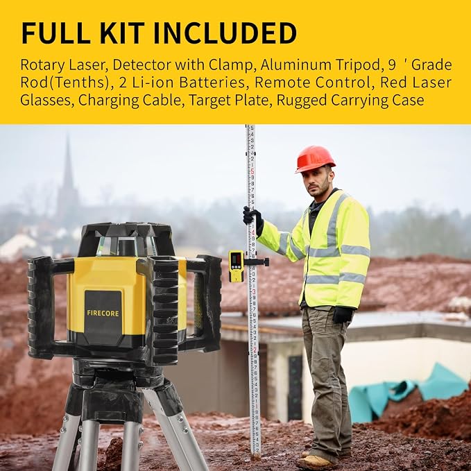 Firecore Self-Leveling Dual Slope Horizontal Rotary Laser Level Kit, 1969-Foot Range, IP55 Rated, Includes Tripod, Grade Rod, Detector, 2 Batteries, Carrying Case, and Accessories