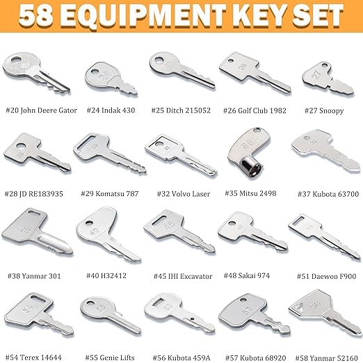 58 Pro Heavy Equipment Key Set Construction Machinery Ignition Keys Set for Caterpillar JCB Case Forklift Jlg Komatsu Volvo Kubota Yanmar Daewoo Hyster Ford Takeuchi New Holland