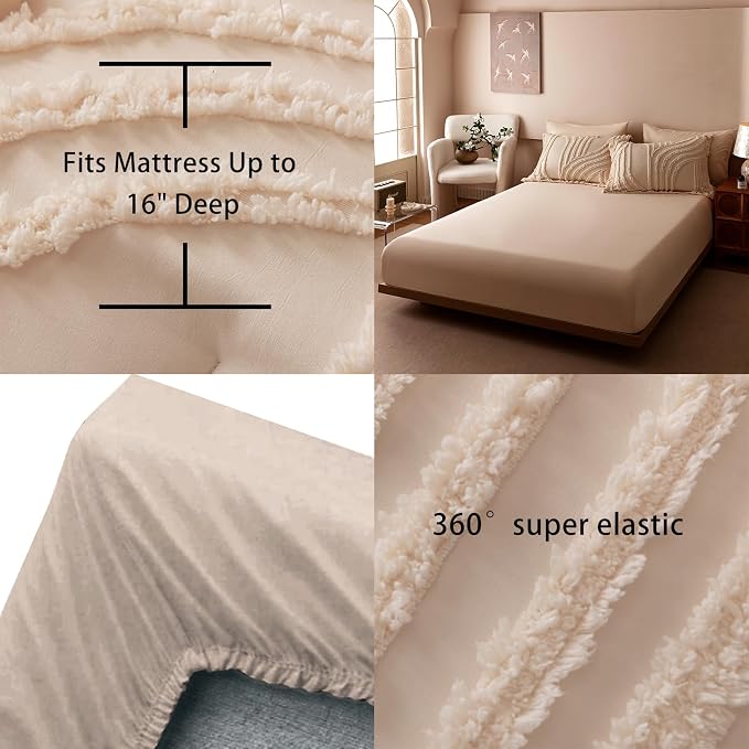 Nttopship Khaki Queen Comforter Set - 7 Pieces Bed in a Bag, Premium Comforters Queen Size Bed Set Tufted Shabby Chic Bedding Comforter Set with Flat Sheet, Fitted Sheet and Pillowcases,Khaki