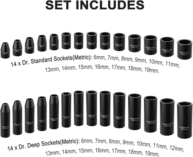 CASOMAN 87PCS 3/8" Drive Master Impact Socket Set, SAE & Metric Standard, Deep, Swivel Sockets,Cr-MO Steel, Includes Star and Inverted Star Socket, Impact Universal Joint, Extension Bars