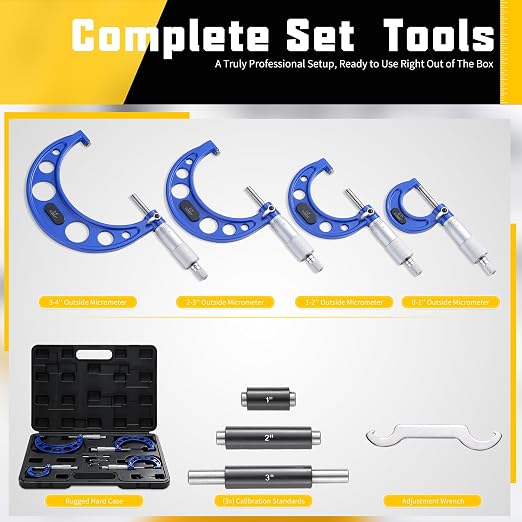 Outside Micrometer Set 0-4" Range, 4-Piece Precision Micrometer Measuring Tools with Carbide Tips, 0.0001" Graduation, Includes Standards & Case