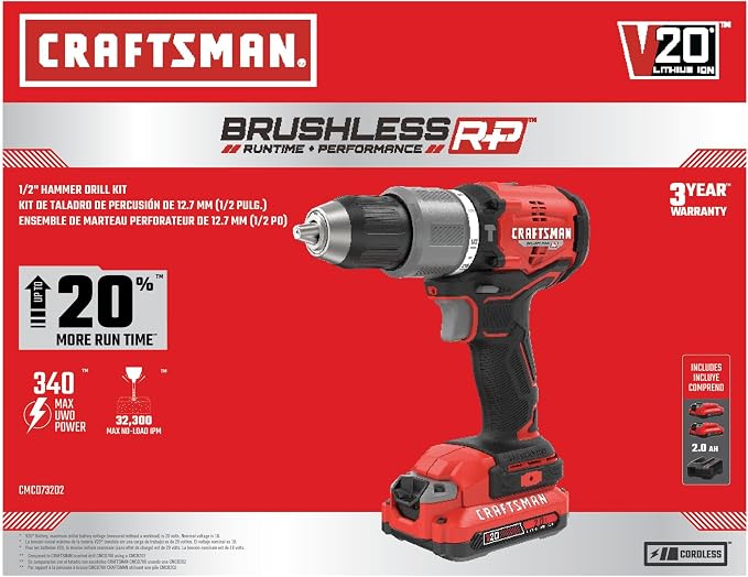 CRAFTSMAN V20 Cordless Hammer Drill Kit, 1/2 inch, 2 Batteries and Charger Included (CMCD732D2), Black
