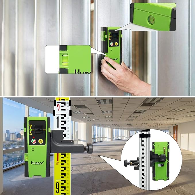 Huepar 4x360 Laser Level Self-leveling 16 Lines Green Beam 4D Cross Line Tiling Floor Tool with Laser Receiver-Horizontal & Vertical Laser Lines with Two Li-ion Batteries and Hard Case-LS04CG & LR-6RG