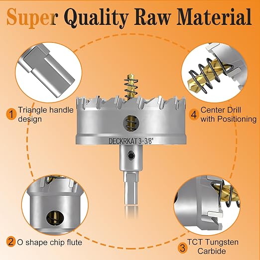 3-3/8" TCT Hole Saw for Hard Metal, Heavy Duty 85mm Tungsten Carbide Tipped Hole Cutter with Spring-Loaded Pilot Drill Bit for Stainless Steel, Metal, Iron, and Plastic.