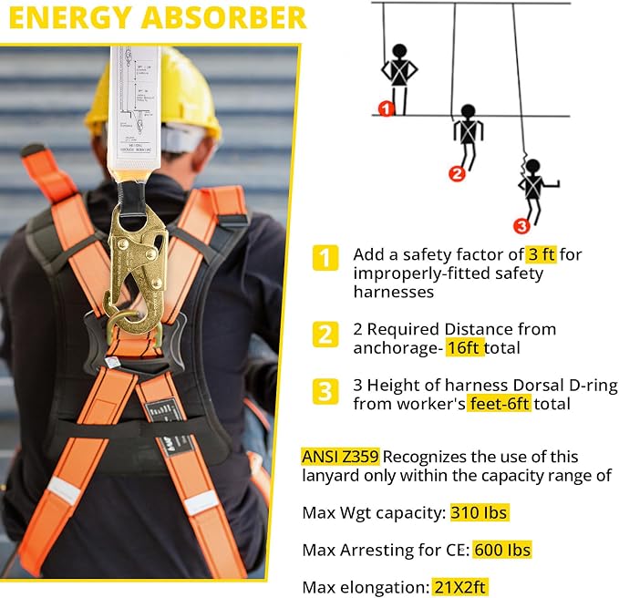 TRSMIMA Rope Harness Safety Lanyard：150ft Roofing Rope Fall Protection | Vertical Safety Harness Rope With Grab Snap Hooks Shock Absorber - Tree Climbing Line Kit Heavy Duty Safety Equipment ANSI CE
