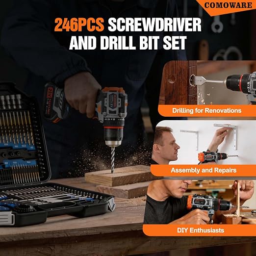 COMOWARE Drill Bit Set, 246 Pcs Screwdriver Bits for Cordless Drill, Screwdriver Drill Bits Set Combo Kit for Wood, Metal Masonry Cement, Orange Case