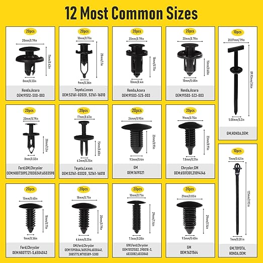 260PCS Car Bumper Retainer Clips Kit - Auto Plastic Rivets & Push Fasteners Set, Most Popular Sizes for Door Trim, Panel, Fender - Compatible with GM, Ford, Toyota, Honda, Chrysler