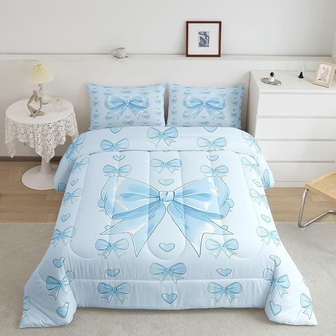 Feelyou Cute Blue Bow Bedding Set Soft for Boys Girls, Love Hearts Bowknot Comforter Set Queen Size Girly Bow Tie Duvet Quilt Microfiber Bedroom Decor 3 Pcs with 2 Pillow Cases