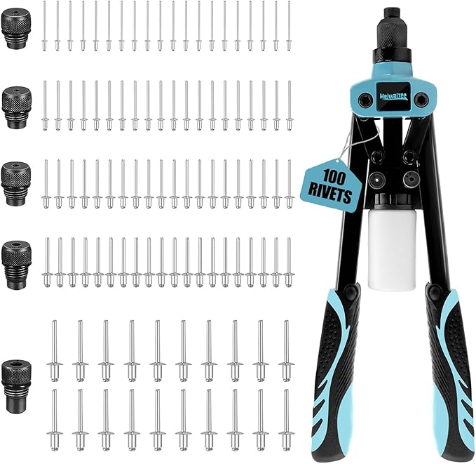 13" Rivet Gun, 1/4 Pop Rivet Gun with 100 Pcs Rivets, Manual Hand Heavy Duty Riveter with 5 Nosepieces for Plastic Metal,Aluminum, Plastic, Tube Stock,Gutter & Automotive.