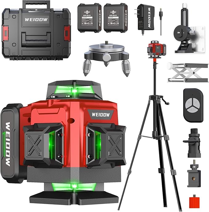 weiddw Laser Level with Tripod, Self Leveling Laser Level 4x360°, Green Line Laser 4D Laser Leveler Tool with 2Pcs Lithium Batteries for Picture Hanging, Tile, Home Renovation, Indoor