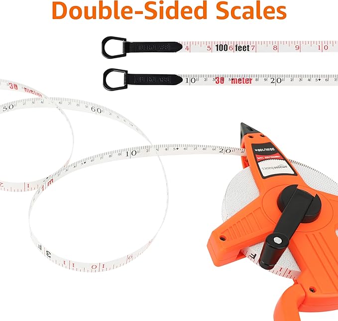 Amazon Basics Open Reel Fiberglass Measuring Tape, Versatile, Reliable, Shock-Absorbing Handle, Inch/Metric Scale, Impact Resistant Shell, 100-feet (30-Meters) by 1/2-Inch, Orange