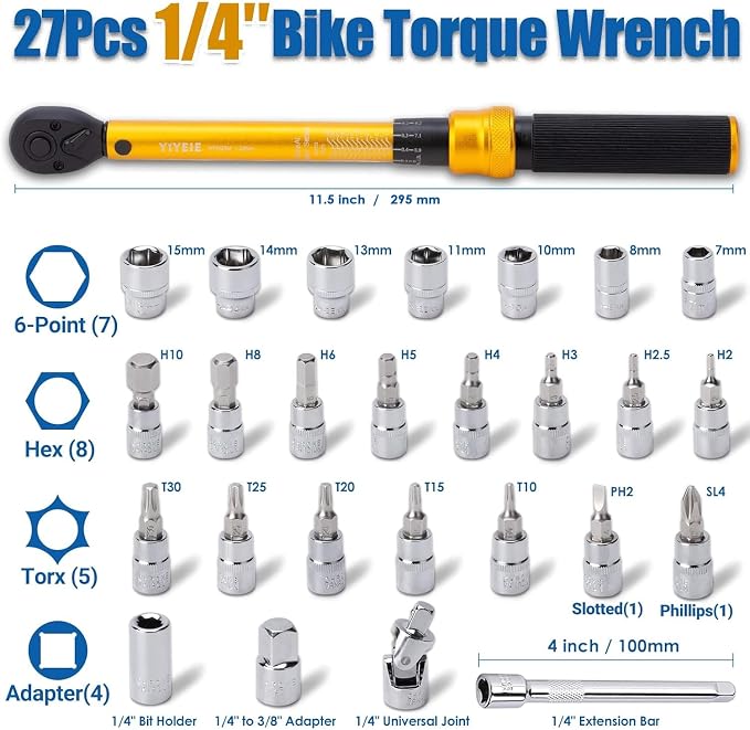 YIYEIE 1/4 Inch Drive Bike Torque Wrench, 1-25 Nm (10-222.5 in.lb) | 27 PCS Click Bicycle Torque Wrench with Bit Sockets, 0.1 Nm Micro, 72-Tooth Ratchet, 3/8 Adapter, for MTB, E-Bike, Motorcycle