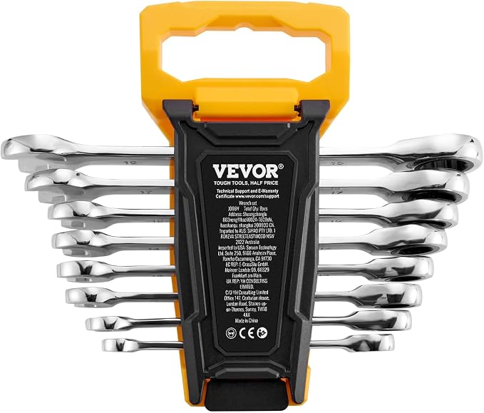 VEVOR Combination Wrench Set, 8-Piece Ratcheting Wrench Set with Organizer Rack, Cr-V Steel, Metric 8 mm to 19 mm, Ideal for General Household, Garage, Workshop, Auto Repairs, Emergency