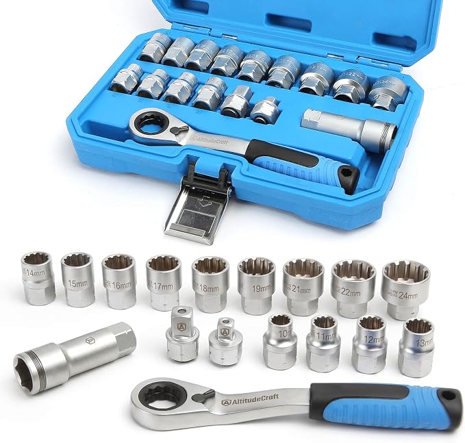 17-Piece Metric Pass-Through Socket Set for Long Studs | 13 Metric Sockets, Reversing Ratchet, Extension Bar, 3/8-In and 1/2-In Adapters for Long Studs and Strut Work