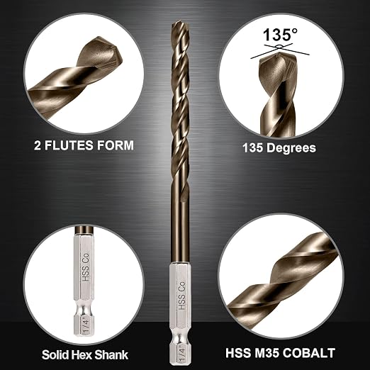Hex Shank Cobalt Drill Bit Set for Metal and Hardened Steel, 13Pcs 1/16"-1/4" M35 HSS Twist Drill Bits for Impact Driver, with Index Holder