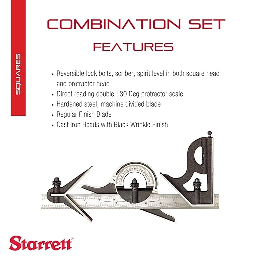 Starrett Combination Set with Square, Center and Reversible Protractor Head and Blade - 18" Blade Length, Cast Iron Heads, Hardened Steel, 4R Graduation Type - 435-18-4R