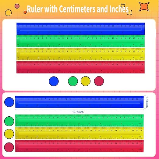 12 Inch 100 Pcs Rulers Bulk Plastic Kid Ruler for Back to School Supplies, Flexible Assorted Color Ruler with Centimeters and Inches for Students Operation Christmas Charity Donation Supplies (100)