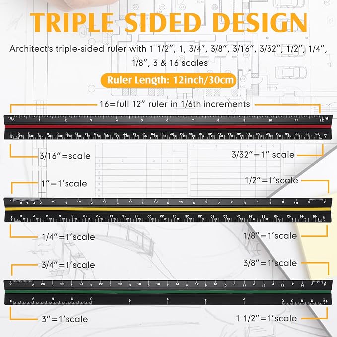 Macarrie 10 Pcs Architectural Scale Ruler 12" Architect Engineers Scale Triangular Ruler Set Aluminum Metal Rulers with Imperial Measurements for Architect Student Draftsman Engineer (3 Colors)